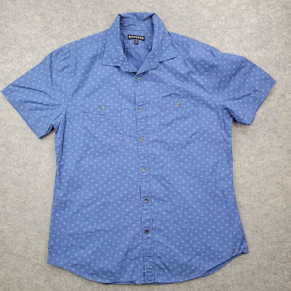 Express Shirt Mens Large Blue Geometric Cotton Button Front Short Sleeve Casual